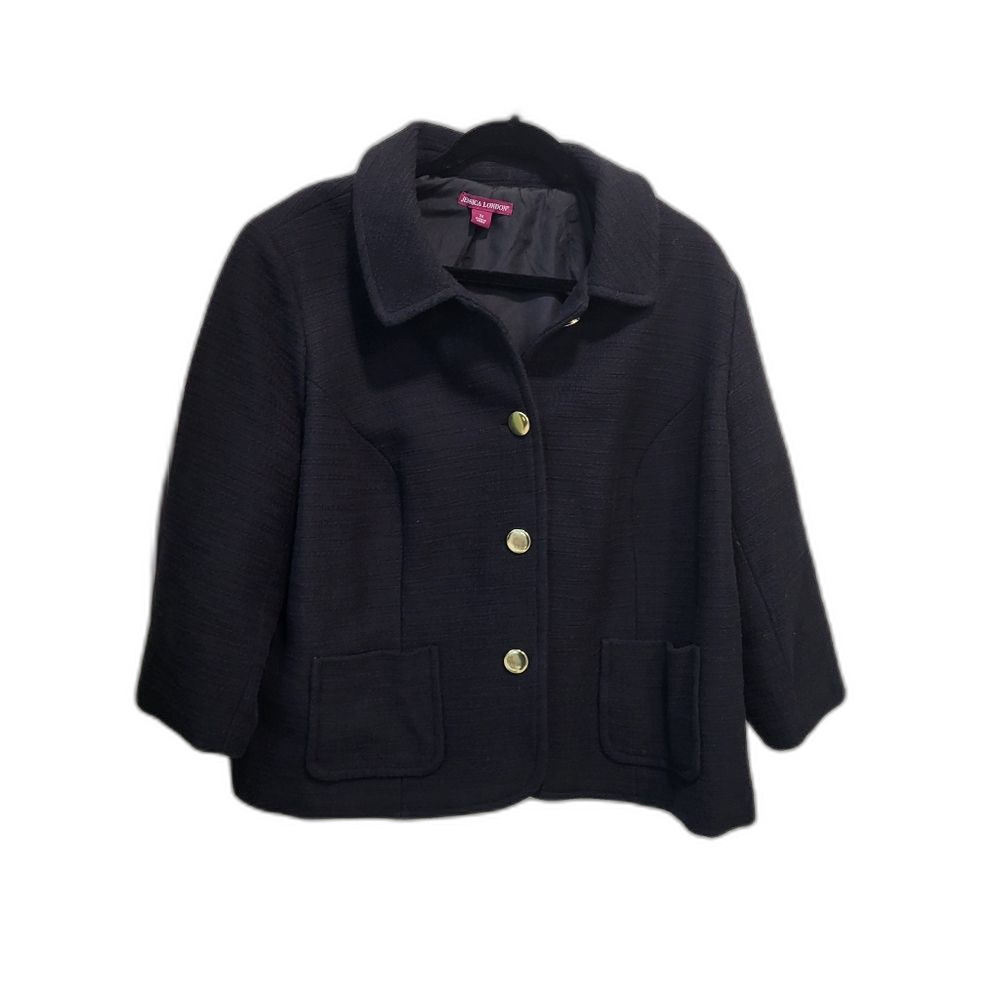Classic Black Textured Blazer with Gold Buttons - Size 24